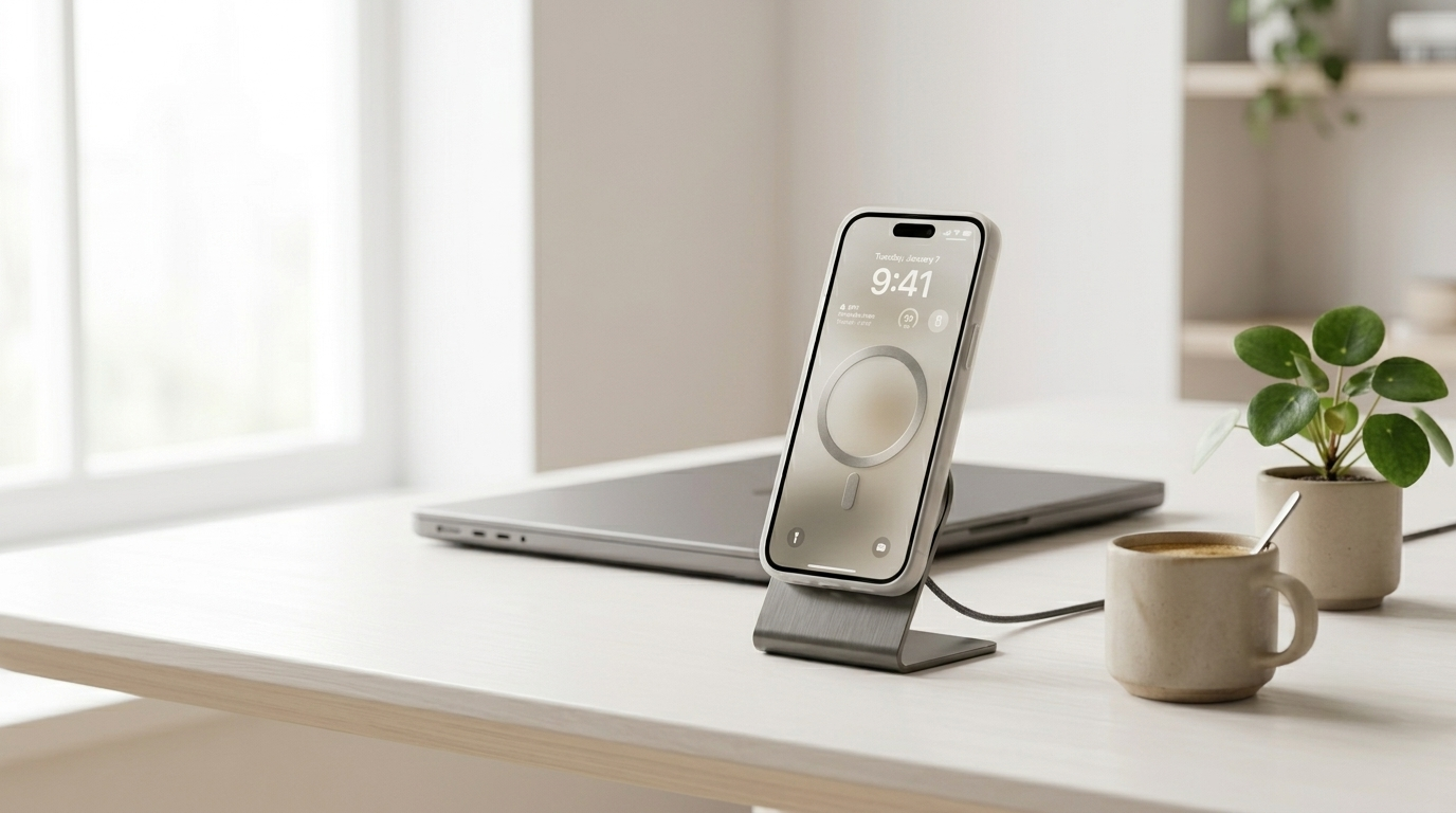 Premium phone cases and MagSafe accessories arranged on a warm ivory surface