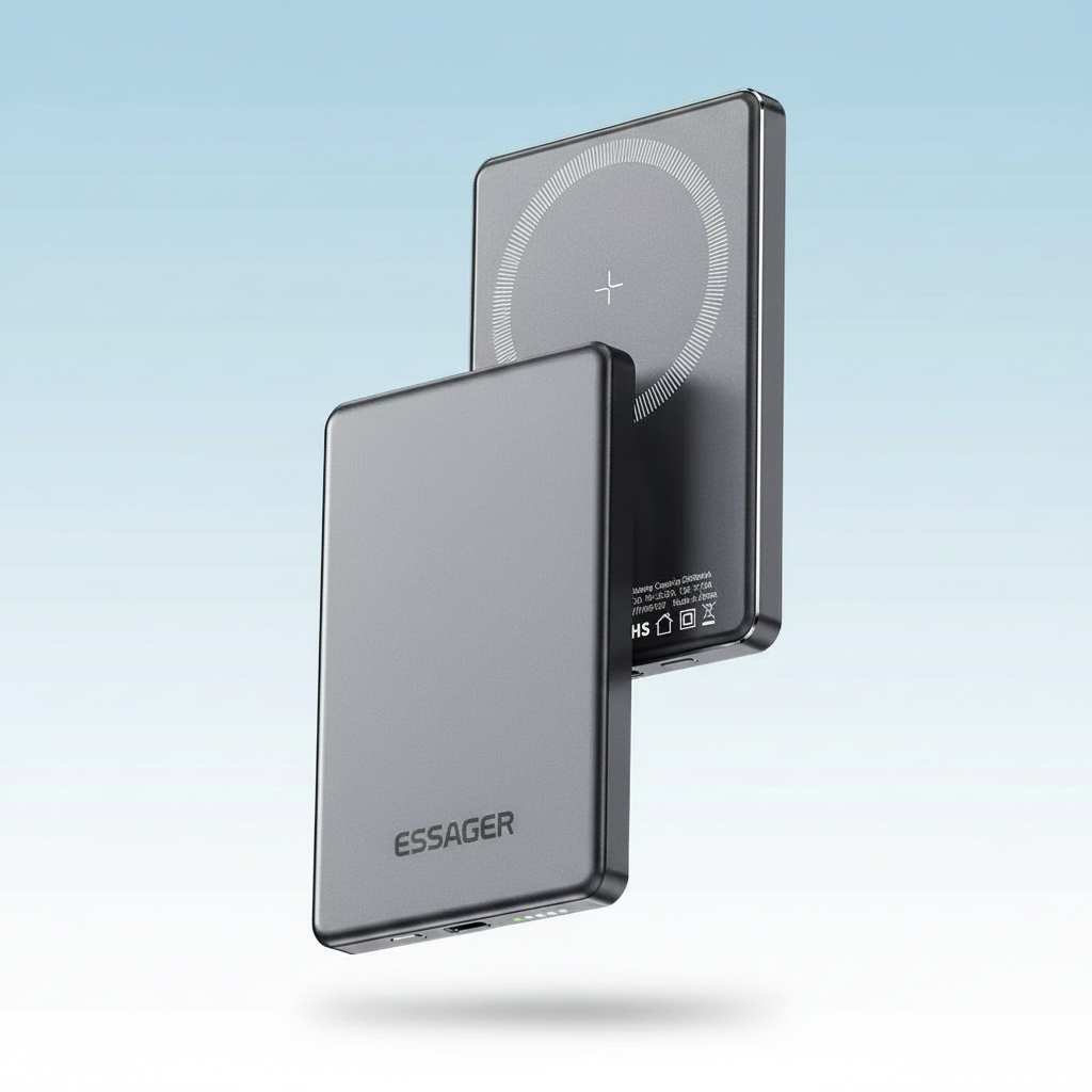 Wireless charging pad with 'ESSAGER' branding on a light blue background