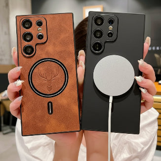 Luxury leather MagSafe Samsung case by TheCaseCraft, shockproof wireless charging cover for Galaxy S series, stylish protection.
