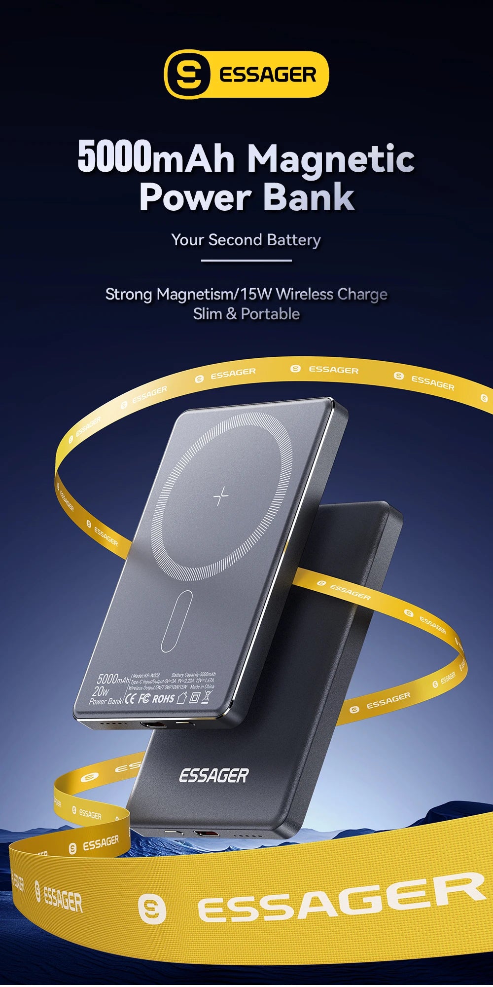 Essager Thin Wireless Power Bank Magnetic 20W 5000mAh Portable Fast Charging External Battery for Magsafe For iPhone 17 16 15 14