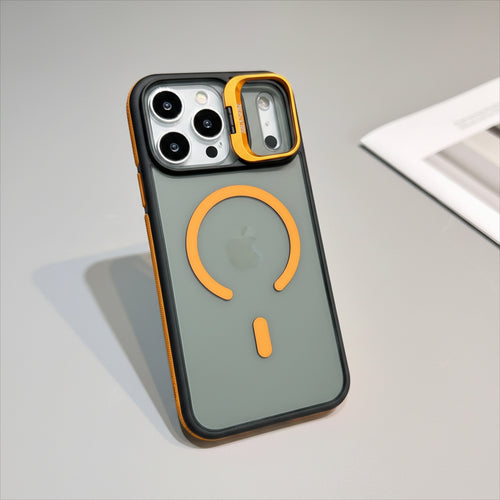 Matte transparent MagSafe iPhone case with built-in magnetic stand, offering sleek protection for Samsung and iPhone devices.