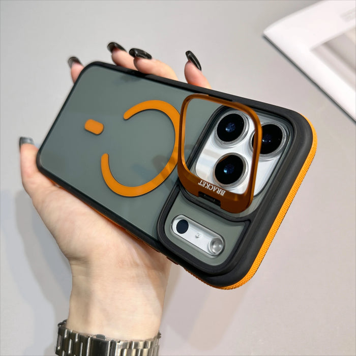 Matte transparent MagSafe iPhone case with built-in magnetic stand, offering sleek protection for Samsung and iPhone devices.