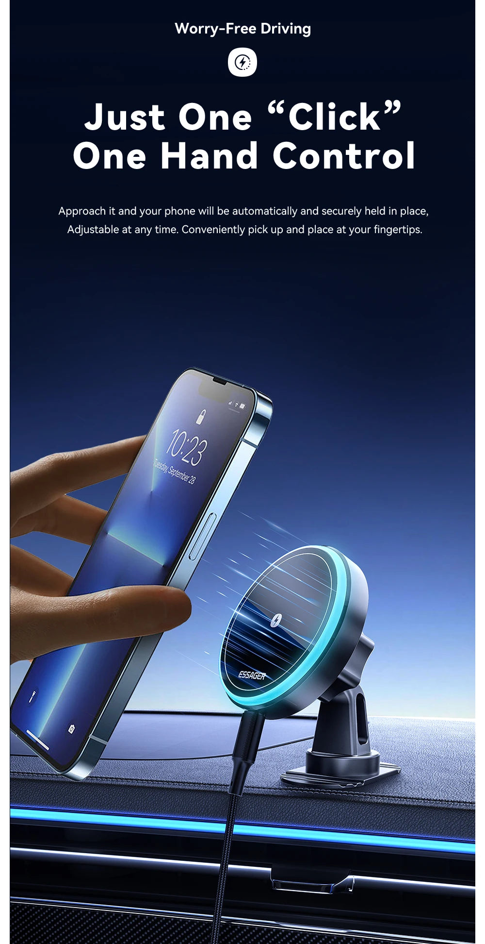 Essager Magnetic Car Phone Holder 15W Wireless Charger Stand For iPhone 17 16 15 14 Max Car Mount Charger for Magsafe LED Light