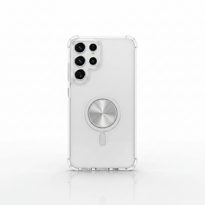 Clear phone case with metal accent on a white background