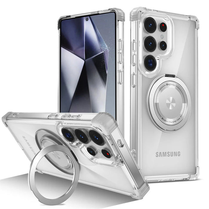 Transparent Samsung case with rotating magnetic kickstand, shockproof armor design by TheCaseCraft.