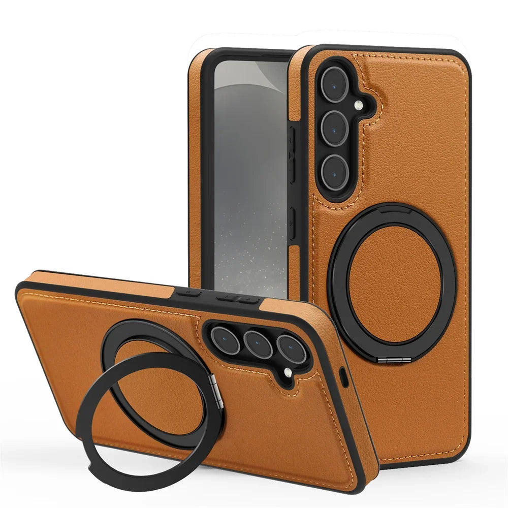 Luxury Leather Pattern Magnetic Stand Case For Samsung S25 S26 S24 S23 Ultra Plus S25 FE For Magsafe Shockproof Protection Case